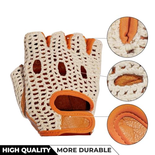 Real Soft Leather Crochet Net Fingerless Driving Weight Training Cycling Wheelchair Gloves W-1037 - color: Tan/White, size: XX-Large