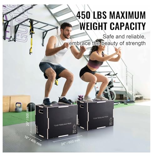 Plyometric Jump Box 3-in-1, 24/20/16 Inch Wood Plyo Box, Fitness Step Platform, Agility Training Box - Home Gym, Strength & Conditioning, Black