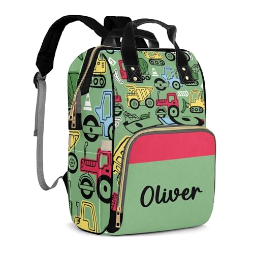 Personalized Diaper Bag Backpack for Women Men, Green Colorful Truck Car Custom Name Nursing Mommy Daypack, Diaper Bag for Boys, New Mom Gifts - color: Colorful Truck Car