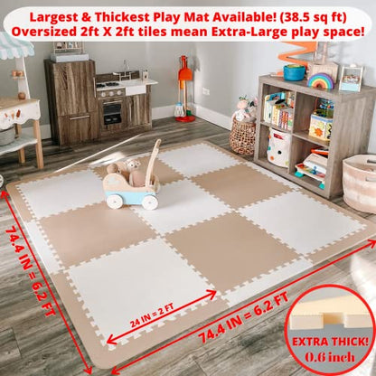 Extra Thick Baby Play Mat Tiles Non-Toxic Foam Floor Puzzle Mat Extra Large Interlocking Activity Playmat for Infants Toddlers Kids Crawling Tummy Time 74x74 Inches (Beige/White) - color: Beige/White