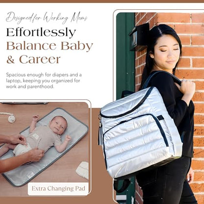Citi Collective Gallery Diaper Bag Backpack - Casual Day-to-Day Backpack Fits 15" Laptop - Travel Bag with Multiple Compartments, Pockets, Portable Changing Pad, and Shoulder Strap-Silver - color: Silver