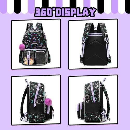 Meetbelify Backpack for Girls Letter Backpacks for Elementary Student Teen Girls Cute School Bag Kids Bookbag for Kids 8-10 - color: Initial a Black
