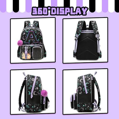 Meetbelify Backpack for Girls Letter Backpacks for Elementary Student Teen Girls Cute School Bag Kids Bookbag for Kids 8-10 - color: Initial a Black