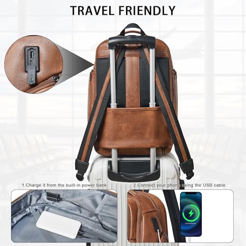 Shrrie 17 Inch Travel Laptop Backpack for Women&Men, Vegan Leather Backpack with USB Charger, Expandable Large Capacity Computer Backpack Purse for Work Business Travel, Brown - color: Two-toned Brown