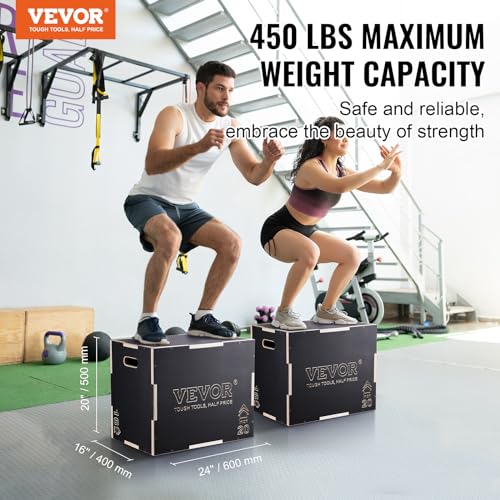 VEVOR 3 in 1 Plyometric Jump Box, Easy-to-Assemble Wood Plyo Box for Jumping Trainers, Home Gym Training and Conditioning - style: 24"x20"x16"