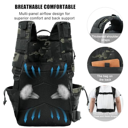 Military Tactical Backpack 25L Day Backpack for Men Molle Army 3 Days Assault Pack Bug Out Bag Water Resistant and Heavy Duty Hiking Treeking Rucksack - Black Camo - color: Black Camo, size: 25L