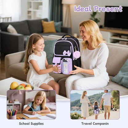 Girls Backpack, School Backpack for Girls, Cute Bow Kids Bookbag for Grils Children Teens for Elementary Middle High School Student, Black Purple - color: Black Purple