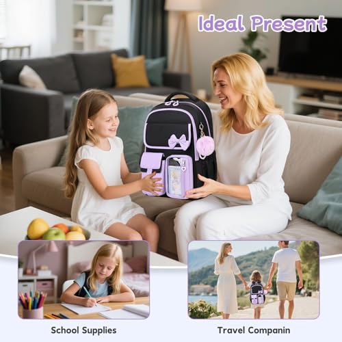 Girls Backpack, School Backpack for Girls, Cute Bow Kids Bookbag for Grils Children Teens for Elementary Middle High School Student, Back To School, Black Purple 3pcs - color: Black Purple-3pcs