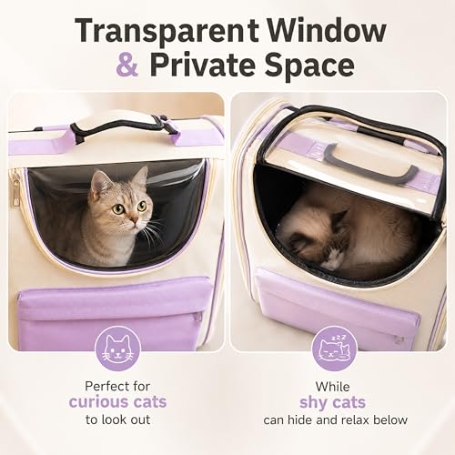 Cat Backpack Carrier, Foldable Pet Carrier Backpack for Cats and Small Dogs, Built-in Safety Clip, Dual-Sided Ventilation Mesh, for Travel, Walking, Hiking & Vet Visits, Purple