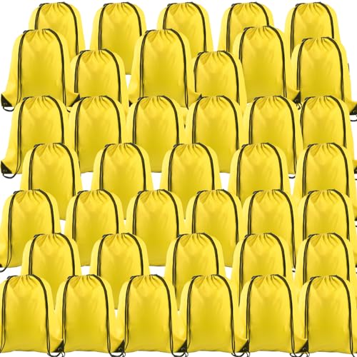 KUUQA 40Pcs Drawstring Backpack Bags Bulk Yellow Drawstring Bag Foldable Gym Bag Sport Cinch Sack String Backpack Storage Bags for Women Men Shopping Gym Travel Sports - color: Yellow