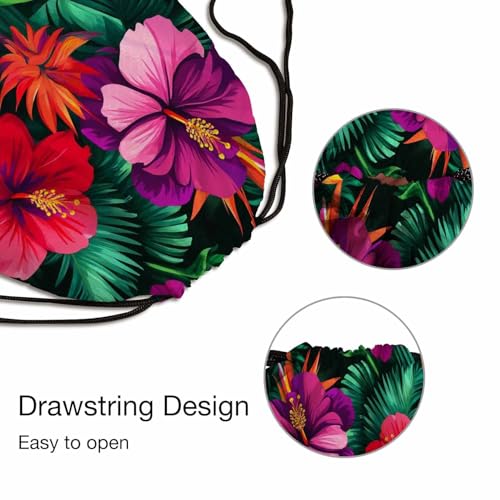 Drawstring Bags Tropical Flowers Pattern Gorgeus Botanical Elements Hibiscus Palm Paradise Bird Sport Gym Sack Drawstring Bag String Bag Yoga Bag 14x16.9 Inch - color: Tropical Flowers