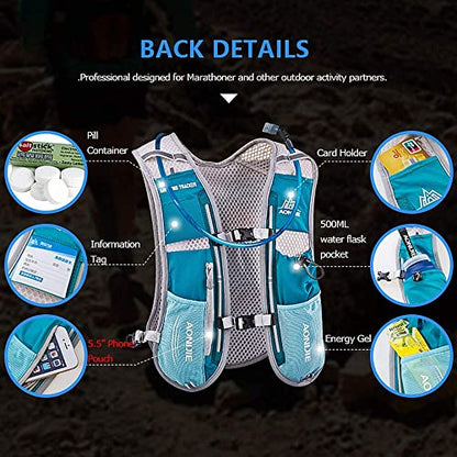 AONIJIE Hydration Vest Pack Backpack 5L 5.5L Marathoner Running Vest Race Hydration for Women and Men Trail Run Hiking Jogging - color: Blue and No Water Bladder