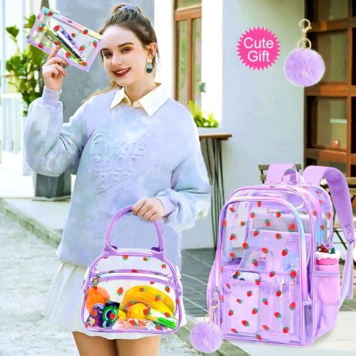 gxtvo 3PCS Clear School Backpack Heavy-Duty Set for Women & Teen Girls, 17" Purple Transparent Bag with Rainbow Strap, Cute Strawberry See Through Bookbag - color: Purple Strawberry Clear Backpack Set