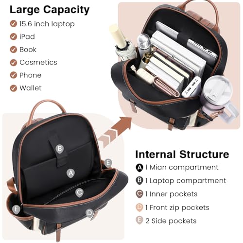 Vegan Leather Laptop Backpack for Women Designer 15.6 Inch PU Laptop Bag, Ladies Travel Computer Work Backpack - color: Beige Black Brown