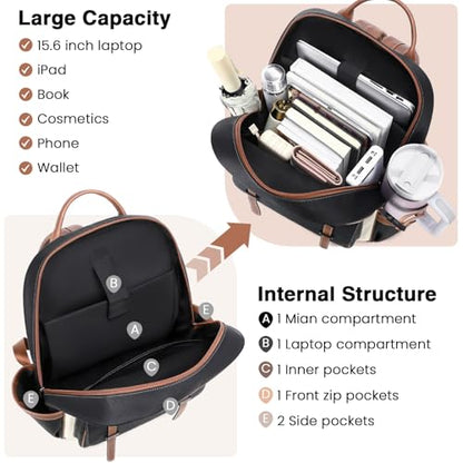 Vegan Leather Laptop Backpack for Women Designer 15.6 Inch PU Laptop Bag, Ladies Travel Computer Work Backpack - color: Beige Black Brown