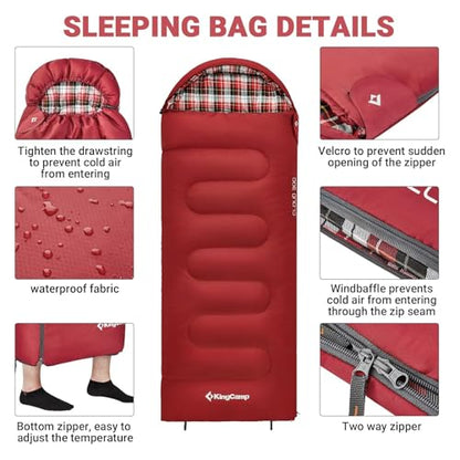 KingCamp 45°F Kids Sleeping Bag, Lightweight Waterproof & Compact Flannel Sleeping Bags Cold Weather & Warm Youth Essentials Gear Accessories for Camping, Fits 10-12 Children up to 4'7"-5'5" Tall - color: 8.6°F ~44.6°F Red Left