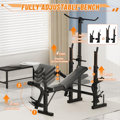 6-In-1 Foldable Weight Bench with Leg Extension & Preacher Curl, Adjustable Bench Press Station for Home Gym, 600LB Capacity, Compact Strength Training Bench for Dumbbell & Barbell Workouts