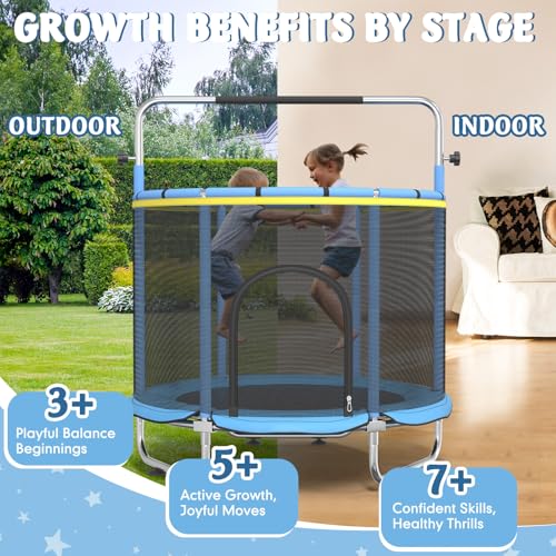 Trampoline for Kids, 55" Indoor & Outdoor Toddler Trampoline, Anti-Rollover Bottom Kids Toys with Adjustable Gymnastics Bars, Toddler Swing, Basketball Hoop - color: Blue