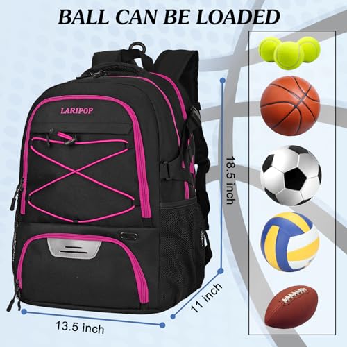 LARIPOP Basketball Backpack Large Basketball Bag with Ball Holder & Shoe Compartment for Adults Men Women - color: Rose Red