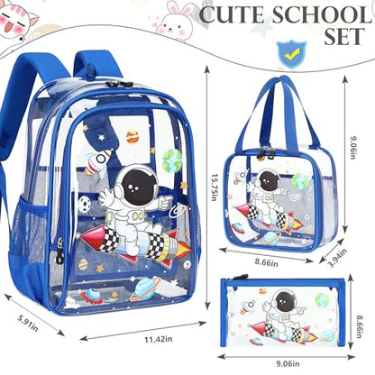 AO ALI VICTORY Clear Backpack for Boys Girls,15.6 Inch Kids Backpack Set with Lunch Bag Pencil Case PVC Elementary Bookbag for School Students See Through Transparent Travel Back Pack,Blue Astronaut - color: Blue Astronaut 3pcs