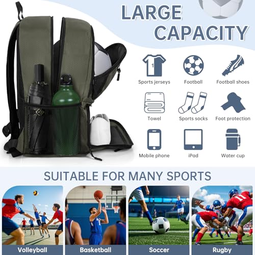GMAK Soccer Backpack for Youth, Soccer Bag with Ball/Shoe Compartment for Football/Basketball/VB, Lightweight Training Pack - color: Grey