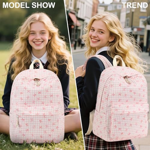 LEDAOU Kids Backpack for Girls Backpacks with Lunch Box, Lightweight Bookbag Set Elementary Middle School Back pack for 8-14 - color: Pink Bow Checkered