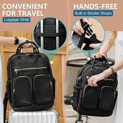 MOMINSIDE Diaper Bag Backpack, Leather Baby Bag with 18 Pockets, Diaper Backpack for Women Mom, Travel Baby Bag for Girl Boy, Large Wet Pocket, 4 Insulated Pockets, Stroller Straps, Black - color: Black