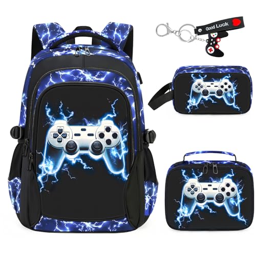 School Backpack for Boys - 4pcs Gamer Boys Backpack with Lunch Box Set for Kids Teens Elementary Middle School, 18" Large Capacity Waterproof Bookbag with Usb Charging Port, Daypack for age 6-18 - color: Game1-backpack Set