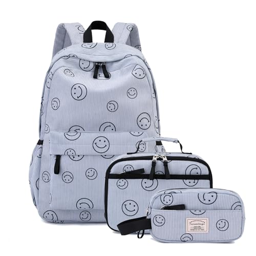 Tanweibago Backpack for Girls Boy Teen Corduroy Bookbags Elementary Middle High School Women Laptop Bag with Lunch Box Pencil Bag (Smile Blue) - color: Smile Blue