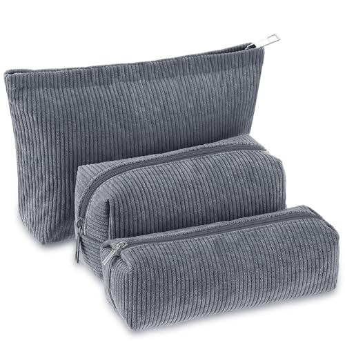 Huhumy 3 Pcs Makeup Bag Set for Women Corduroy Cosmetic Pouch Aesthetic Smile Travel Toiletry Bag Cute Purse Pouch Pencil Case Makeup Brushes Storage Organizer with Zipper(Gray,Solid Style) - color: Gray, style: Solid Style