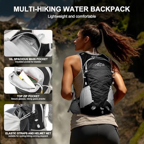 IX INOXTO Hydration Backpack, 18L Lightweight Hiking Backpack with 2L Water Bladder Daypack Women Men, Water Backpack Insulated Hydration Pack for Hiking, Running, Festival, Cycling - color: Black Grey
