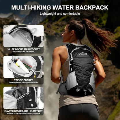 IX INOXTO Hydration Backpack, 18L Lightweight Hiking Backpack with 2L Water Bladder Daypack Women Men, Water Backpack Insulated Hydration Pack for Hiking, Running, Festival, Cycling - color: Black Grey
