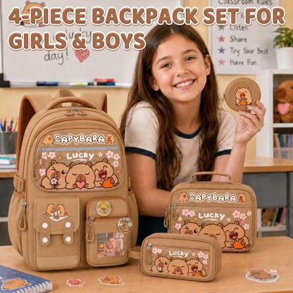 Capybara Backpack for Girls, 4 PCS Capybara Backpack with Lunch Box Set, Cute Kawaii Large Laptop Bookbag, School Bag for Elementary Kids & Teens - color: Capybara