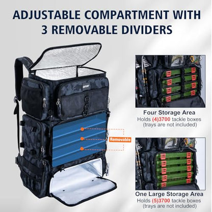 Goture Fishing Backpack with Cooler,72L Large 600D Tackle Backpack with Rod Holders,Dry & Wet Split Compartment,Adjustable Main Compartment,Rain Cover,Insulated Tactical Bag for Travel Camping Hiking - color: Camo (Only Bag, Without Tackle Box)