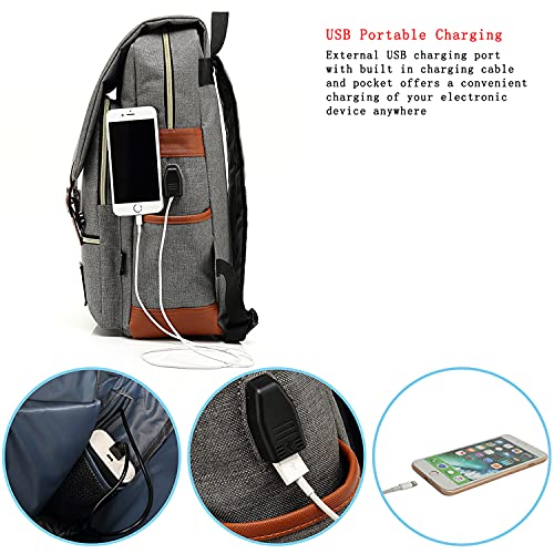 UGRACE Laptop Backpack, Grey, Unisex, 15.6" Laptop Compartment, 6 Compartments, USB Charge Port, Adjustable Shoulder Strap, PU Leather Belt - color: Grey
