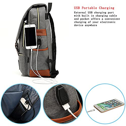 UGRACE Laptop Backpack, Grey, Unisex, 15.6" Laptop Compartment, 6 Compartments, USB Charge Port, Adjustable Shoulder Strap, PU Leather Belt - color: Grey