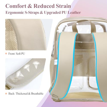 PACKISM Clear Backpack for School - 17 inch Large Heavy Duty Bookbag, Reinforced See Through PVC Transparent Backpack - color: Pu Straps Khaki 3 Pockets, style: Daypack Backpacks