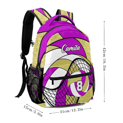 Volleyball Rose Purple Gold Shoulders Bags Daypack with Name Personalized School Bookbag for Sports Party Traveling - color: Volleyball Rose Purple Gold