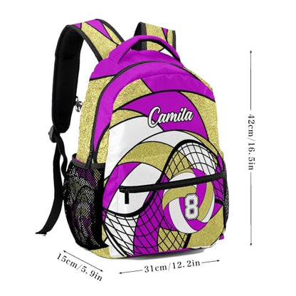 Volleyball Rose Purple Gold Shoulders Bags Daypack with Name Personalized School Bookbag for Sports Party Traveling - color: Volleyball Rose Purple Gold
