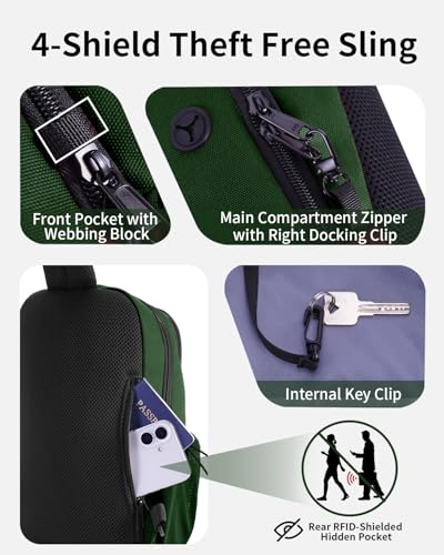 ECOHUB Anti-Theft Crossbody Bag Men Women, RFID Blocking Lightweight Sling Backpack Eco-Friendly with 9 Pockets Sturdy SBS Zippers Water Resistant for Travel Work Hiking Outdoor, Army Green - color: Army Green