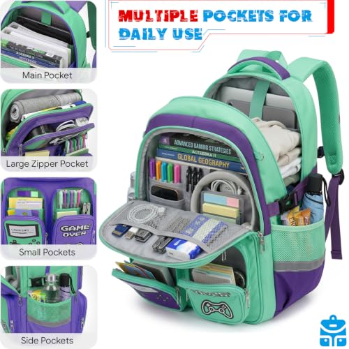 Boys Backpack, Luminous Gamer Backpack for Boys with Lunch Box,Pencil Case and Coin Puese,Kids Schoolbag Bookbag for Teen Boy Elementary Middle High School Travel(Green-Purple) - color: Green-purple