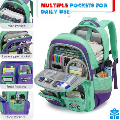 Boys Backpack, Luminous Gamer Backpack for Boys with Lunch Box,Pencil Case and Coin Puese,Kids Schoolbag Bookbag for Teen Boy Elementary Middle High School Travel(Green-Purple) - color: Green-purple