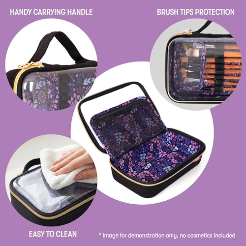 ZIPIT: Travel Makeup Bag - Black & Purple Flowers - Protective Hard Shell, Large Cosmetic Case, Transparent Zipper Lid, Handle, Toiletry Organizer - color: Black