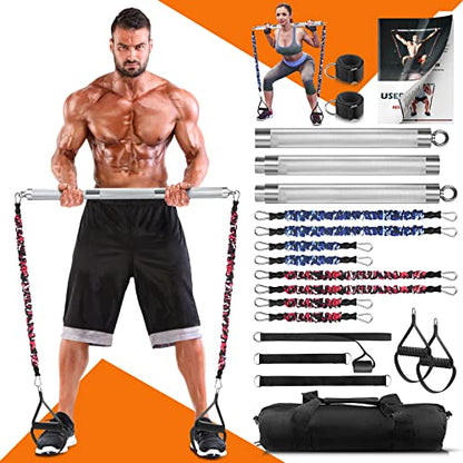 DASKING Portable Home Gym Resistance Band Set With8 Anti-Break Bands, Detachable 500LBS Pilates Bar, Full Body Workout Equipment w/Ankle Straps & Door Anchor - style: Silver