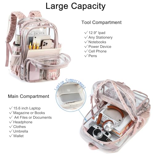 Hidds Clear Backpack for Girls Women Large School Bag Heavy Duty Transparent Backpacks College See Through Bookbag for Stadium Events School Work Festival Security Cute Kids Clear Pink Bow Back Pack - color: Pink Bowknot