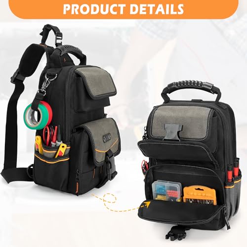 Electrician Tool Pouch Bag, Zippered HVAC Tool Organizer with Ergonomic Handle and Shoulder Strap for Maintenance Repair Technicians, Black (Patent Pending) - color: Black