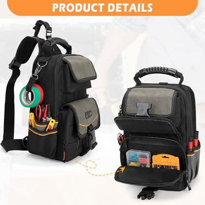 Electrician Tool Pouch Bag, Zippered HVAC Tool Organizer with Ergonomic Handle and Shoulder Strap for Maintenance Repair Technicians, Black (Patent Pending) - color: Black