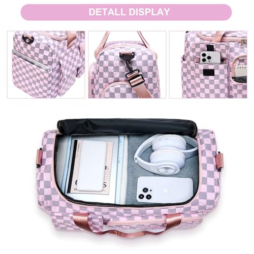 Small Gym Bag for Women, Travel Duffle Bag Carry On Weekender Bag with Shoe Compartment - color: 39#pink Checkered, style: Gym Bag&toiletry Bag