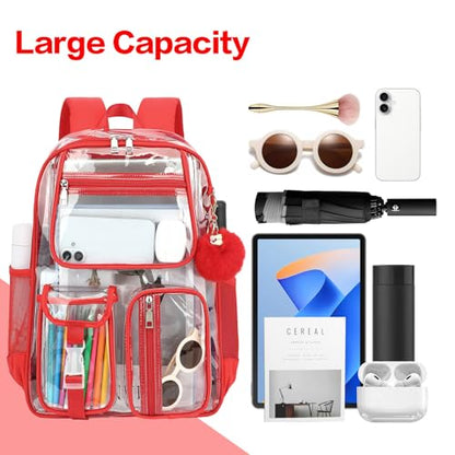 Clear Backpacks for Girls Women, Heavy Duty PVC Transparent School Bookbag See Through Back Pack for College Work Travel (Red) - color: Red