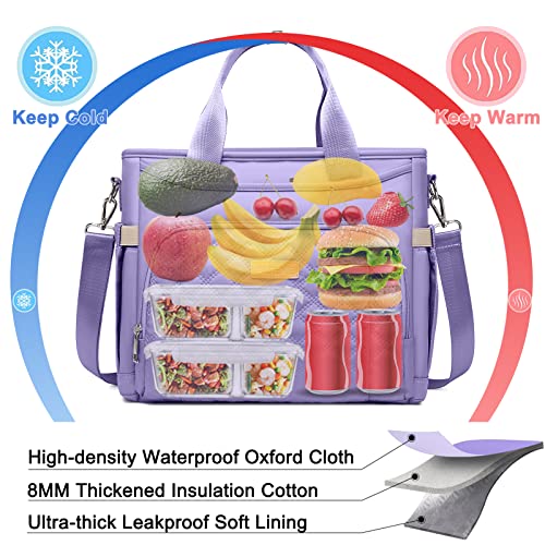 AIJIEKE Large Insulated Lunch Bag for Women, Leakproof Work Lunch Box Tote | Keeps food fresh 8-12 hours. Spacious multi-pocket design with a removable strap. Water-resistant and easy-wipe interior - color: Light Purple